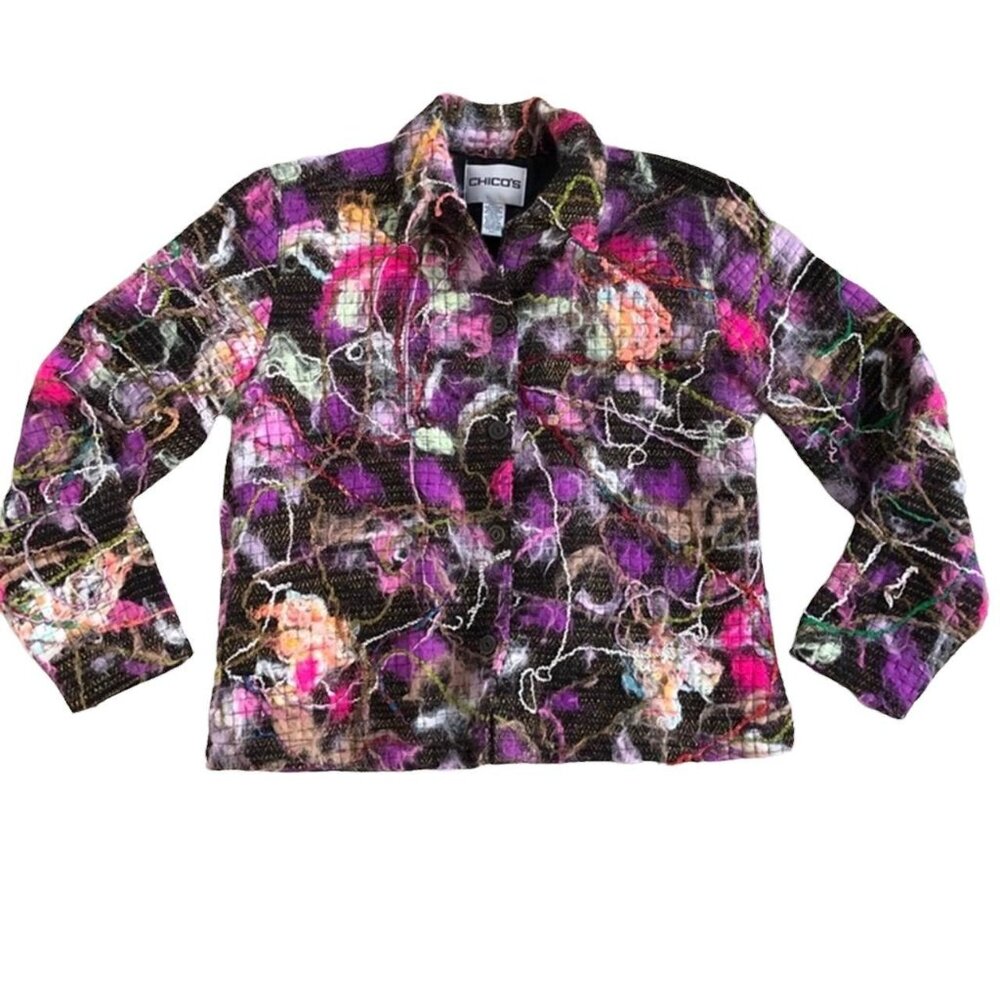 Chico’s Wool Blend Multicolor Button Front Jacket Vibrant Print Women’s Sz 1